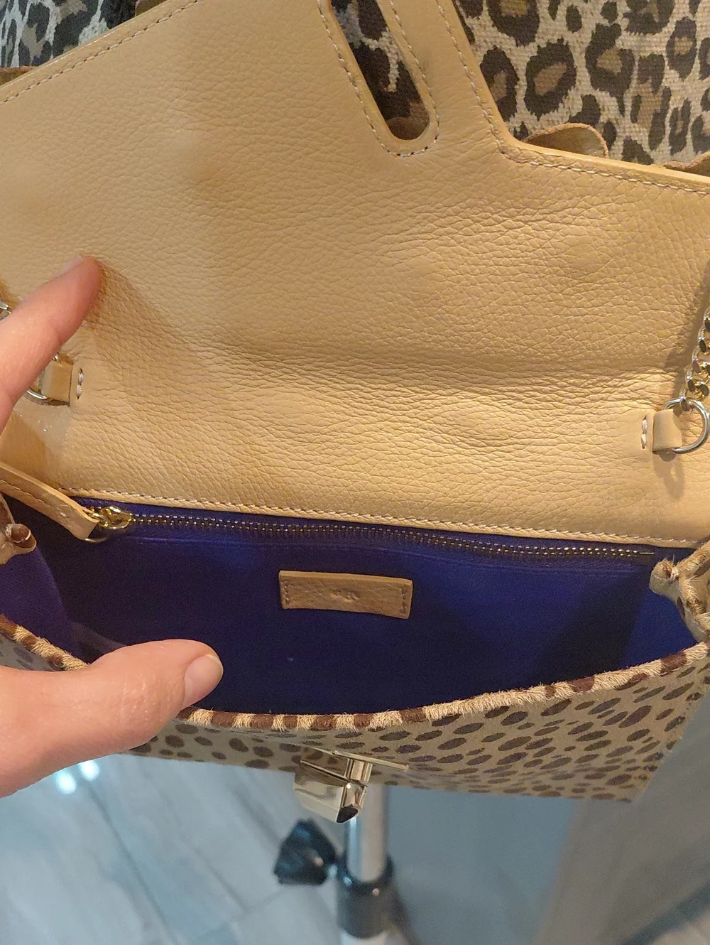 Floral Applique Calf Hair Leopard-Print Crossbody Bag in Beige - Picture 4 of 14
